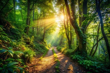 Sunlit Forest Path: Double Exposure Nature Photography Stock Image