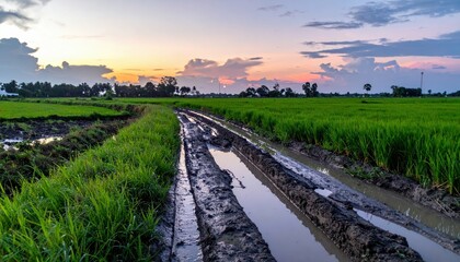 Fototapeta premium Muddy Tracks in Rice Field at Sunset Under Colorful Sky