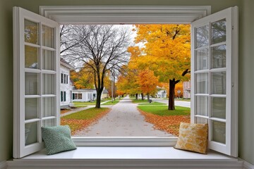 A view from inside the home showing colorful autumn leaves through window
