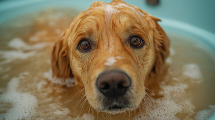 Golden retriever peers over bath water, eyes wide, wet fur glistening