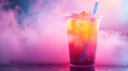 Colorful Refreshing Beverage in Cup with Ice and Straw Surrounded by Mist and Vibrant Lighting Effects