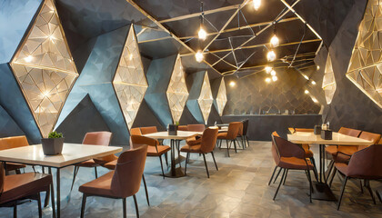 Modern cafe interior with angular design elements, stylish lighting, and comfortable seating creates welcoming atmosphere