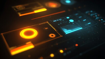 Glowing interface displays data abstractly modern black background