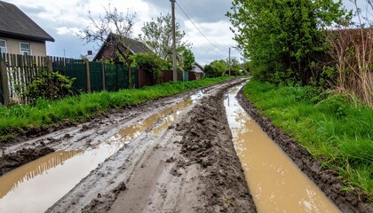 Fototapeta premium Rural Road with Muddy Puddles in a Quiet Countryside Landscape
