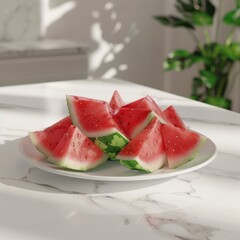 Sliced watermelon pieces neatly arranged on a white ceramic plate, minimalist background, soft natural lighting, pastel tones, clean and fresh look, ultra-realistic, high detail 