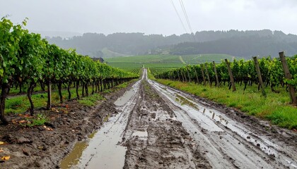 Obraz premium Serene Vineyard Path with Muddy Ground Under Overcast Sky