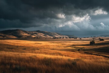 Dramatic sky over golden savanna grassland with distant hills and scattered trees creating a scenic landscape view
