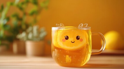 Cheerful transparent cup with smiling orange slice and bee decoration on wooden table, vibrant yellow background