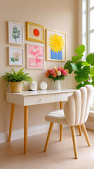 Cozy home office with white desk, artwork, chair, and plants