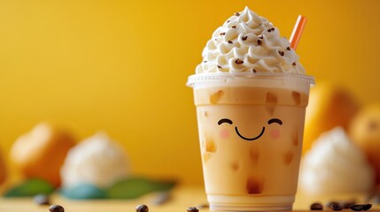 Smiling iced beverage topped with whipped cream and chocolate sprinkles against bright yellow background