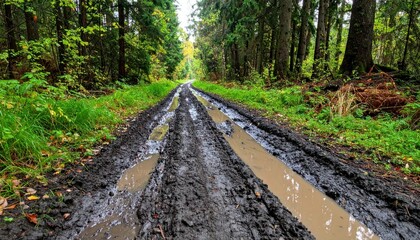 Obraz premium Muddy Trail Through Dense Forest with Vibrant Green Foliage