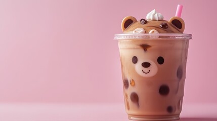 Cute Bear Cup with Whipped Cream and Straw on Pink Background Perfect for Fun Beverage Photography