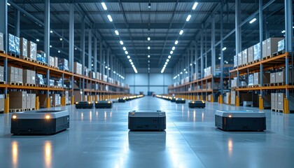 Obraz premium Automated Robots in Modern Warehouse for Efficient Inventory Management