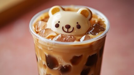 Cute Bear Topping on Ice Coffee Drink in Clear Plastic Cup with Brown Ice Jelly and Creamy Foam