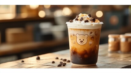 Refreshing iced coffee drink topped with whipped cream and chocolate chips in cozy café setting