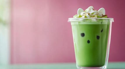 Creamy Matcha Beverage with Whipped Topping and Sprinkles in Clear Cup Against Pink Background
