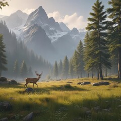 Majestic mountains, lush forest, grazing deer,  wild,  park