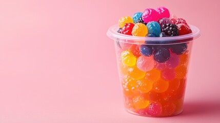 Colorful Candy Gummy Balls in a Clear Cup on a Soft Pink Background for Sweet Treat Inspiration