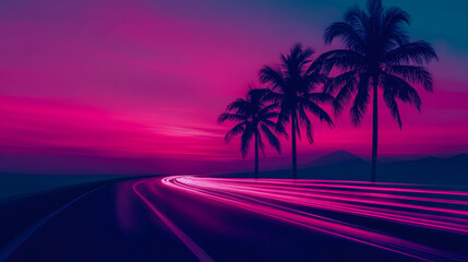 Fototapeta premium Neon Dream: Palm Trees and Light Trails on a Coastal Road at Sunset
