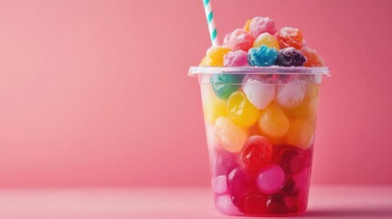 Colorful Ice Treat in Clear Cup with Straw on Soft Pink Background for Refreshing Dessert or Snack Ideas