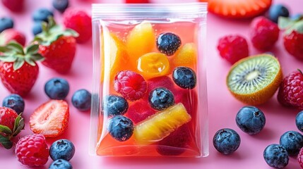 Fresh and Colorful Fruit Mix in Plastic Bag Surrounded by Assorted Berries on Pink Background