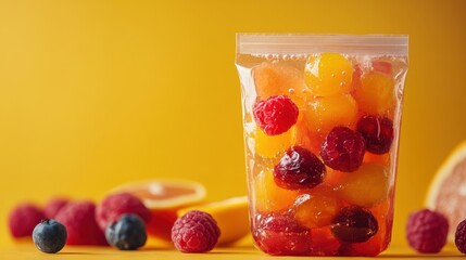 Colorful Mixed Fruit in Transparent Plastic Bag with Vibrant Yellow Background for Healthy Eating Concept