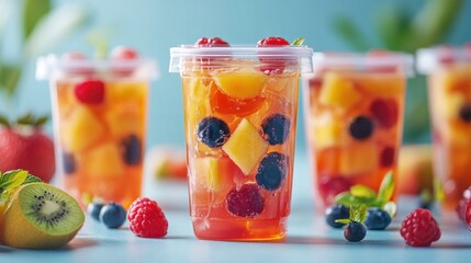 Refreshing Fruit Cups with Berries and Melons in Clear Containers on a Bright Blue Background