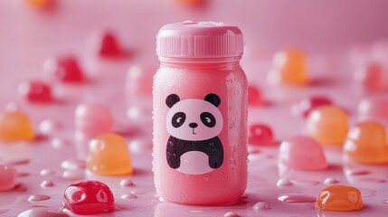 Cute pink bottle with panda design surrounded by colorful jelly candies on a pink background