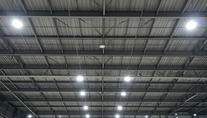 Industrial Warehouse Ceiling with Metal Beams and Bright Lighting