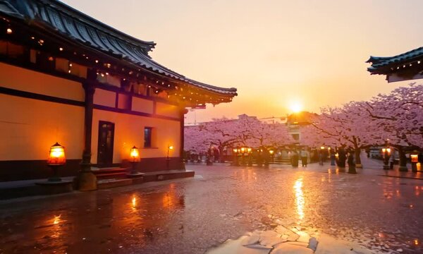 A traditional Japanese-style building with glowing lanterns stands on a wet street lined with cherry blossom trees under a vibrant sunset sky.