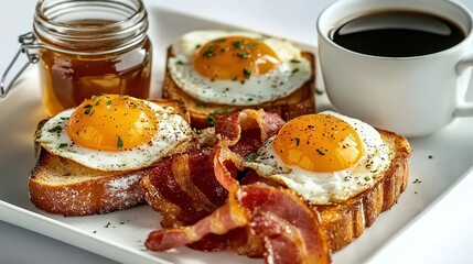 Breakfast with Eggs, Bacon, Toast, and Coffee