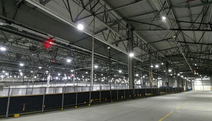 Fototapeta premium Spacious Industrial Warehouse Interior with Bright LED Lighting