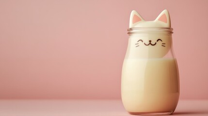 Cute cat-shaped milk bottle with playful facial expression against a minimalist pastel pink background