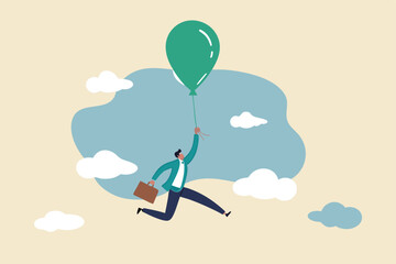 Financial bubble by QE injected money concept, businessman investor holding flying balloon tight afraid to fall off.