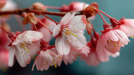 Close-up of delicate pink cherry blossoms in full bloom on a branch