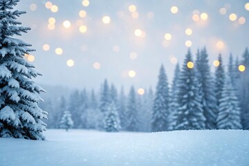 Snowy winter background with soft bokeh – Christmas and New Year greeting template