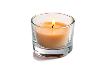 A lit candle in a clear glass holder with a black background providing a simple and elegant view