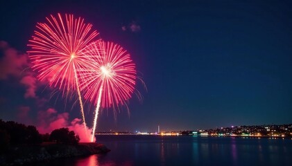 Fototapeta premium Vibrant fireworks explode in the night sky, illuminating the darkness with bright colors , sky, Independence Day