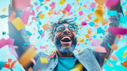 Celebration of Achievement: Joyful man Under Confetti Rain, Expressing Happiness, Success, and Triumph with Energetic Enthusiasm