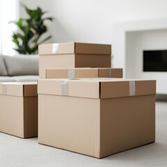 Cardboard moving boxes stacked in a modern living room, ready for packing or unpacking during a move.