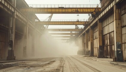 Fototapeta premium Dusty Industrial Warehouse with Cranes and Foggy Atmosphere