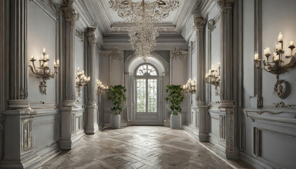 Classic Victorian hallway with intricate molding, ambient lighting, and elegant decor creates serene atmosphere