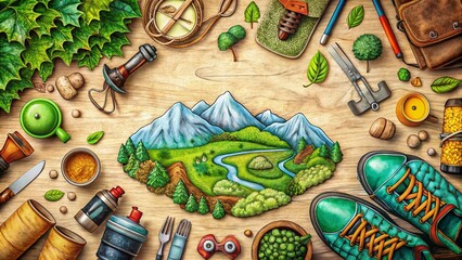 Sustainable Adventure Gear: Eco-Friendly Camping & Hiking Equipment Doodle Concept
