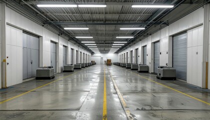Obraz premium Empty Industrial Warehouse Interior with Storage Units and Concrete Floor