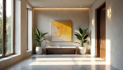 Fototapeta premium Elegant modern foyer with stylish wall art and natural light streaming in , texture, decor