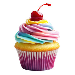 Colorful cupcake with cherry isolated on transparent background