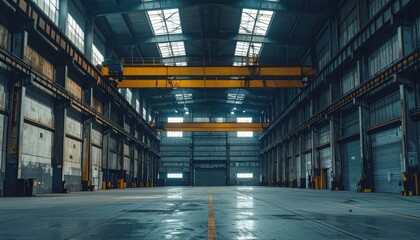 Spacious Industrial Warehouse Interior with High Ceilings and Cranes