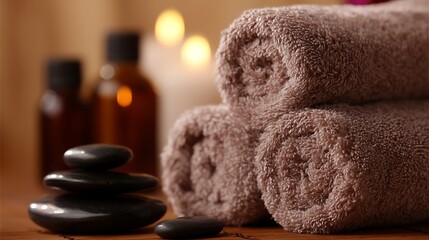 Rolled towels rest near balancing stones in spa therapy setting