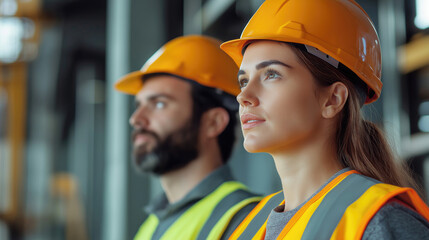 Two construction workers with serious expressions in protective gear, looking up