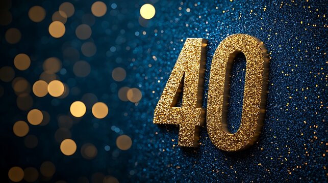 Golden glittery number 40 on a sparkling blue background with bokeh lights, celebrating a milestone anniversary or birthday.